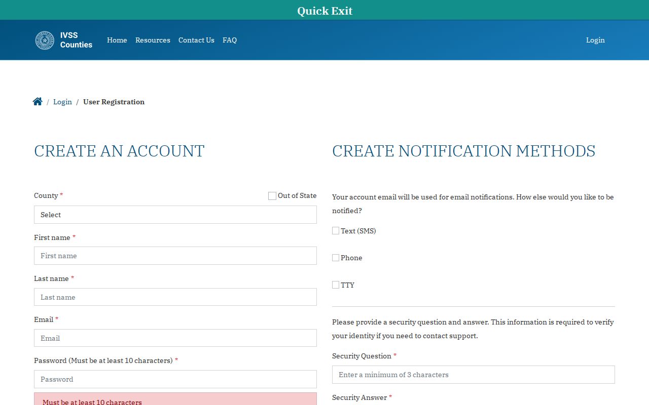 Texas IVSS-Counties user registration form with notification channel settings