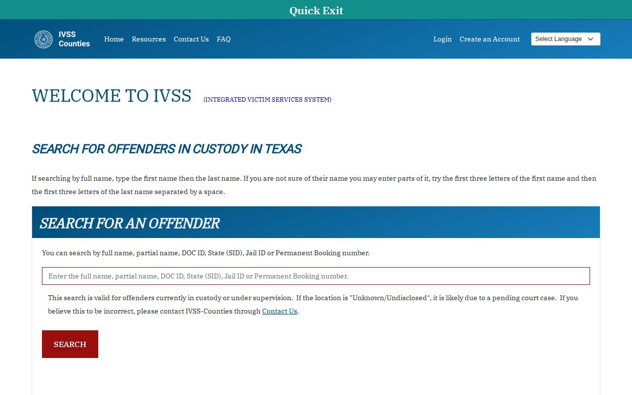 Texas IVSS-Counties person search used for Wichita County custody notifications