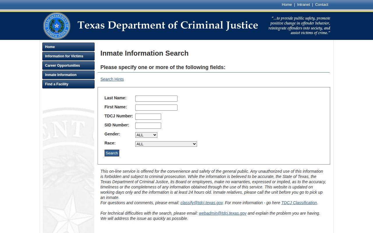 TDCJ offender search with a redacted released-offender result